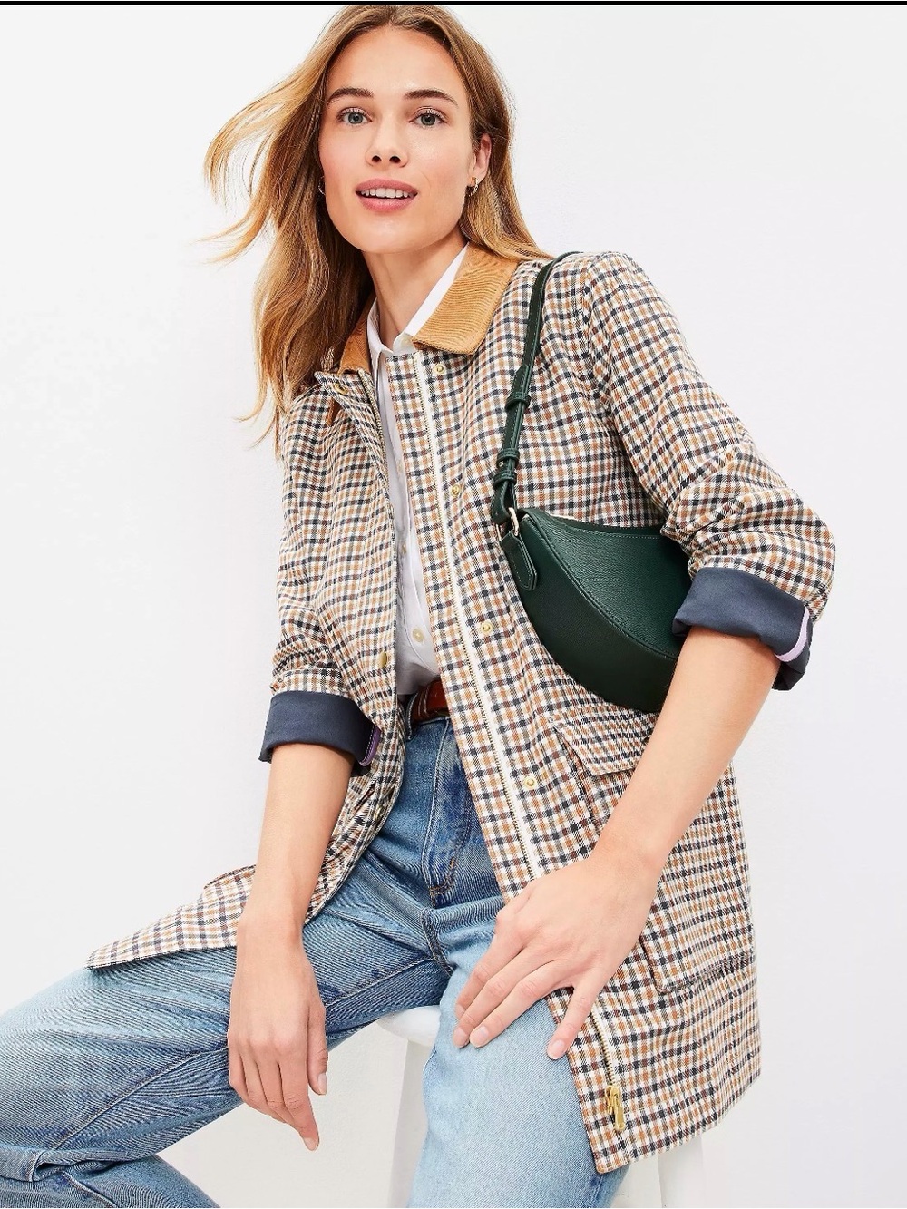 LOFT Petite Plaid Barn Jacket Corduroy Collar Cotton XS